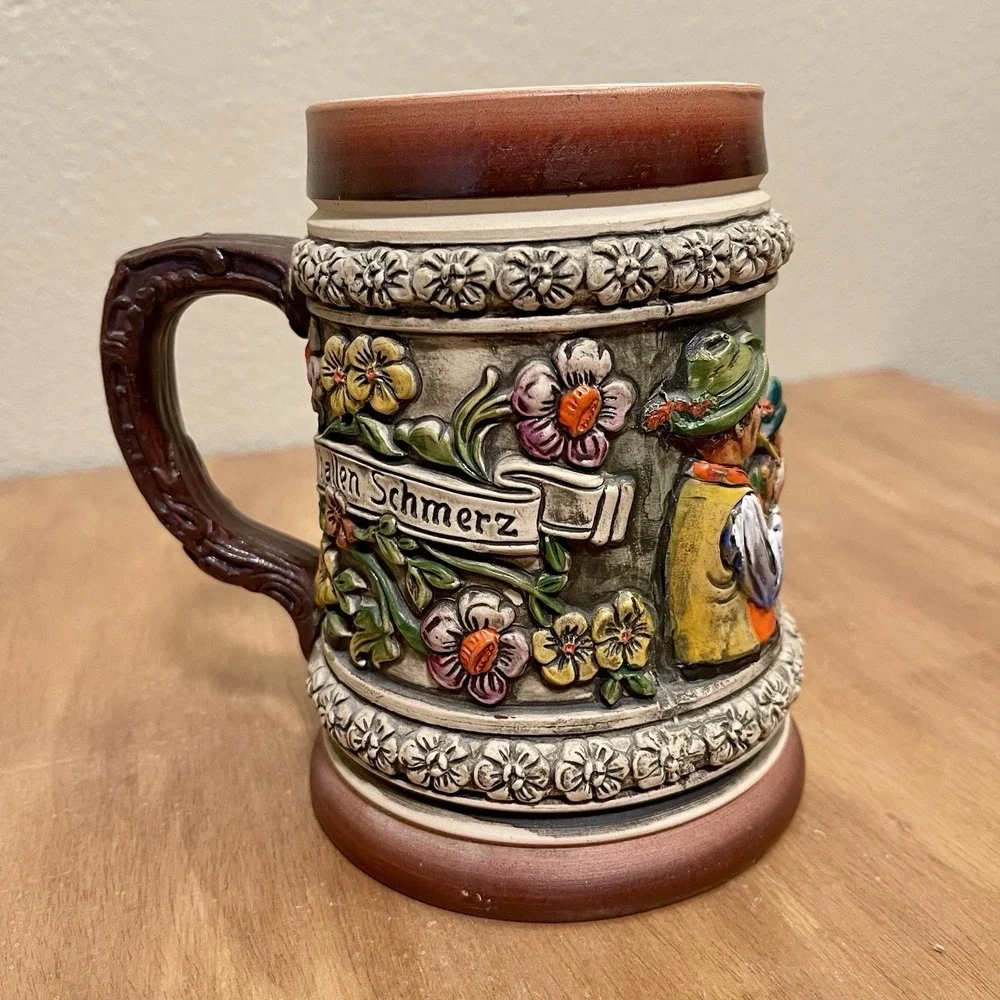 Vintage‎ Thewalt ? German Beer Stein 3D Floral Musician Scene Colorful